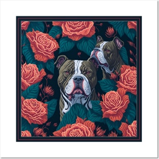 Dogs, pit bull and roses, dog, seamless print, style vector (red roses grey pit) Posters and Art